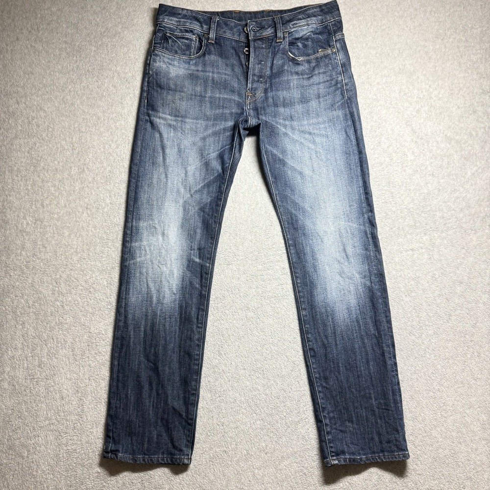 G Star Raw Jeans 32x30 Blue Attacc Low Straight Zip Pocket Whiskered Faded Opium